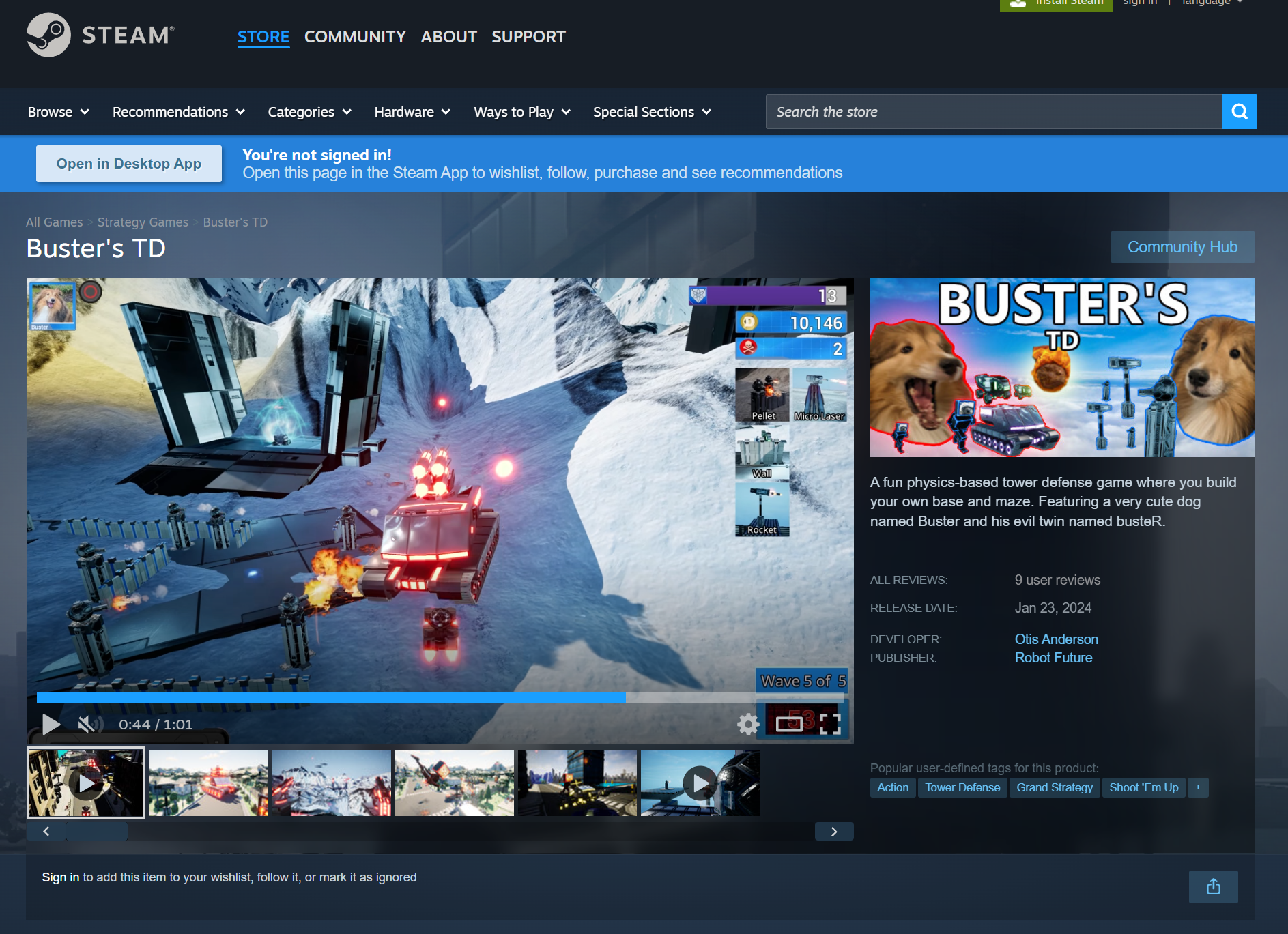 A screenshot of the Buster's TD Steam page.