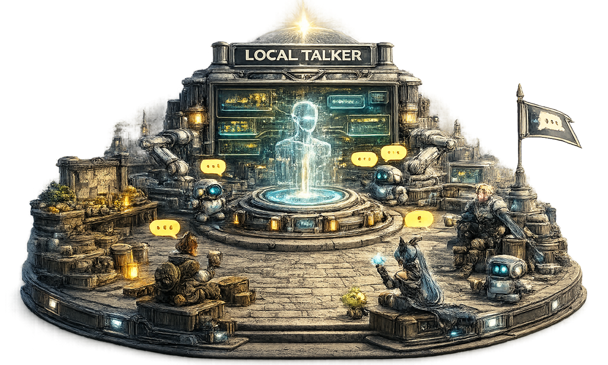 A LocalTalker city platform with conversation robots, holographic character dialogue, and Unreal-style NPC speech systems.