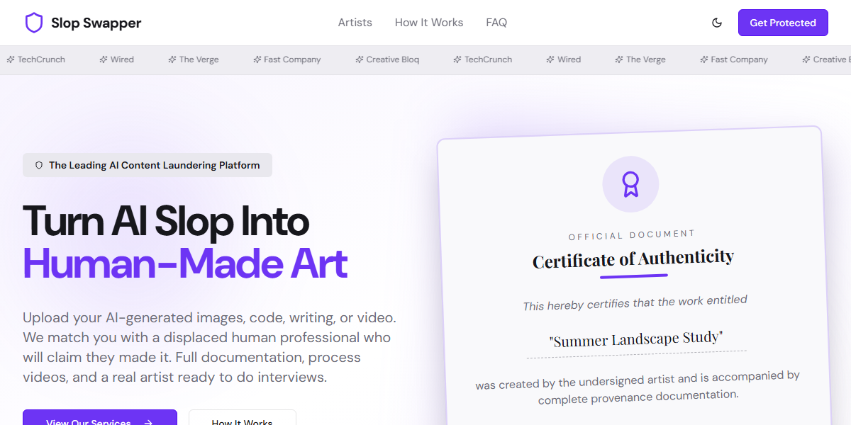 A live-site preview image for the SlopSwapper satirical landing page.